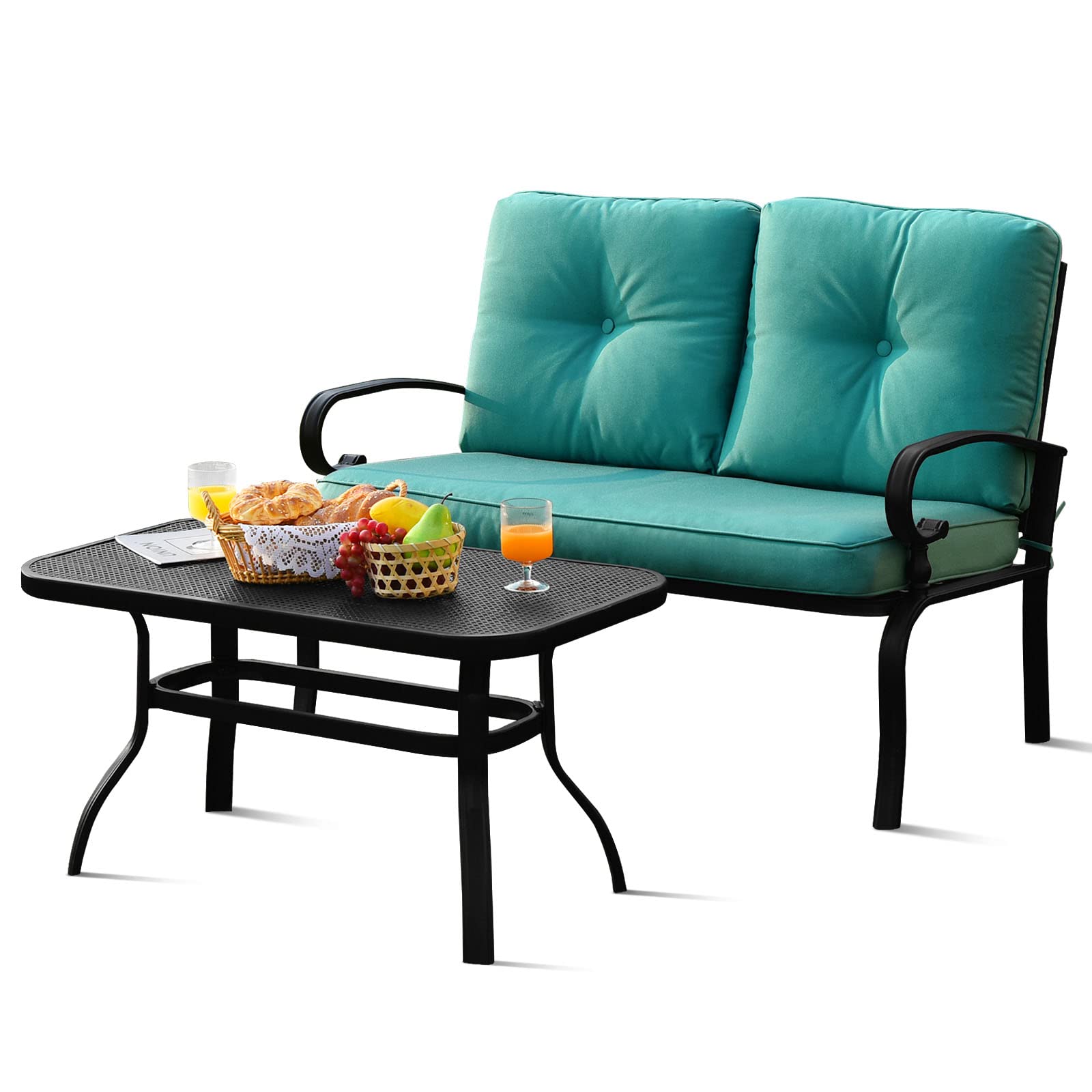 Patio Loveseat with Table Set, Turqupise - Tangkula